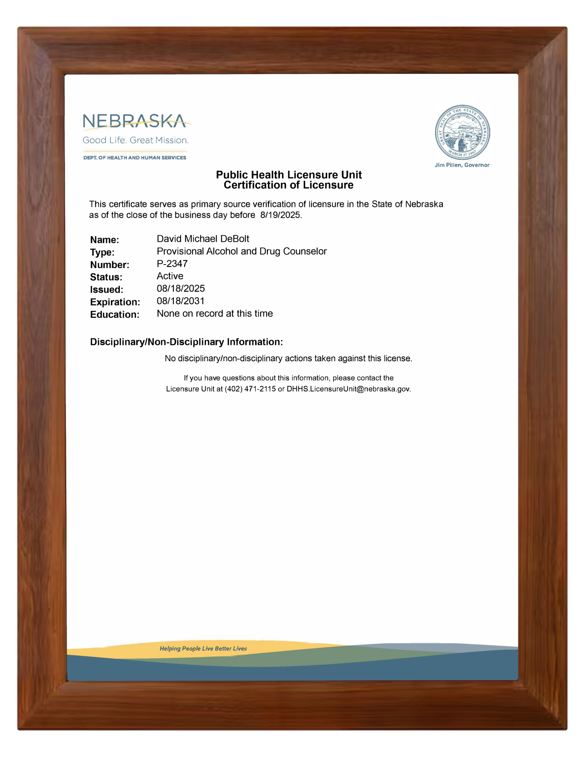 Nebraska DHHS certification document for David Michael DeBolt